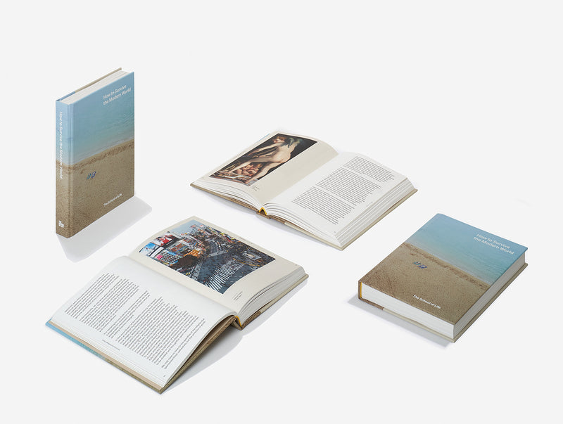 Book cover of a sandy beach with two people sunbathing and the title How To Survive the Modern World by The School of Life. Available at cuemars.com