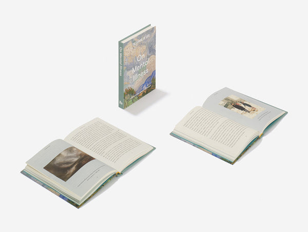 On Mental Illness book with a Van Gogh painting on the background and other 2 books opened, by The School of Life.  Available at www.cuemars.com