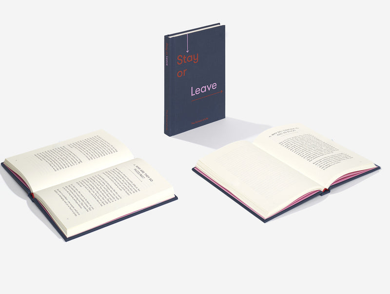 Blue book cover with red and pink writing stating Stay or Leave by The School of Life. Available at cuemars.com