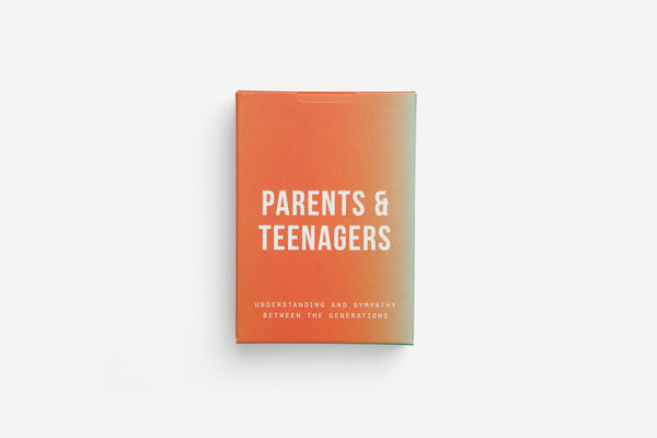 Orange fading to green box with card game called Parents and Teenagers that says Understanding And Sympathy Between the Generations. By The School of Life, available at www.cuemars.com