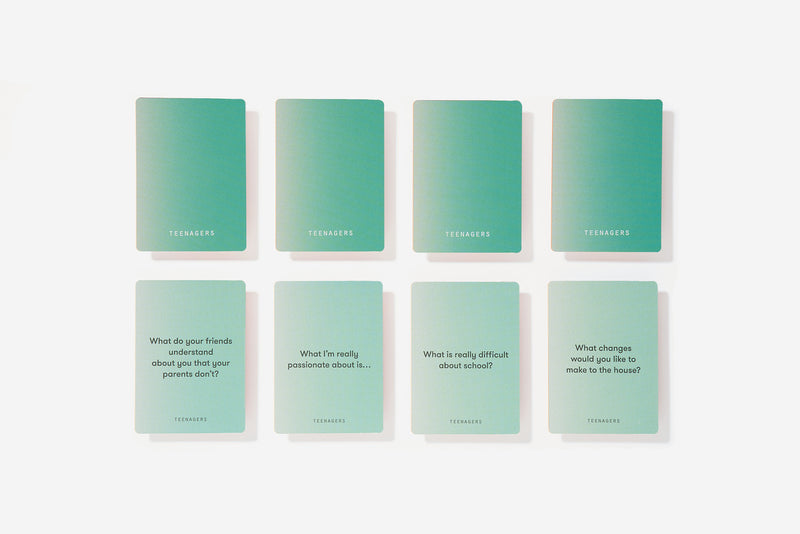 eight green cards from the game called Parents and Teenagers. By The School of Life, available at www.cuemars.com