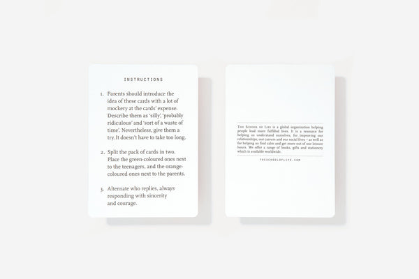 two cards with the instructions for the card game called Parents and Teenagers. By The School of Life, available at www.cuemars.com