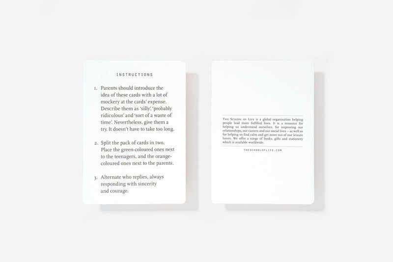 two cards with the instructions for the card game called Parents and Teenagers. By The School of Life, available at www.cuemars.com