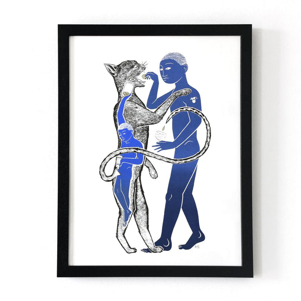 Framed tom berry gin cat Old Tom limited edition hand screen printed illustration inspired by Gin Act 1736