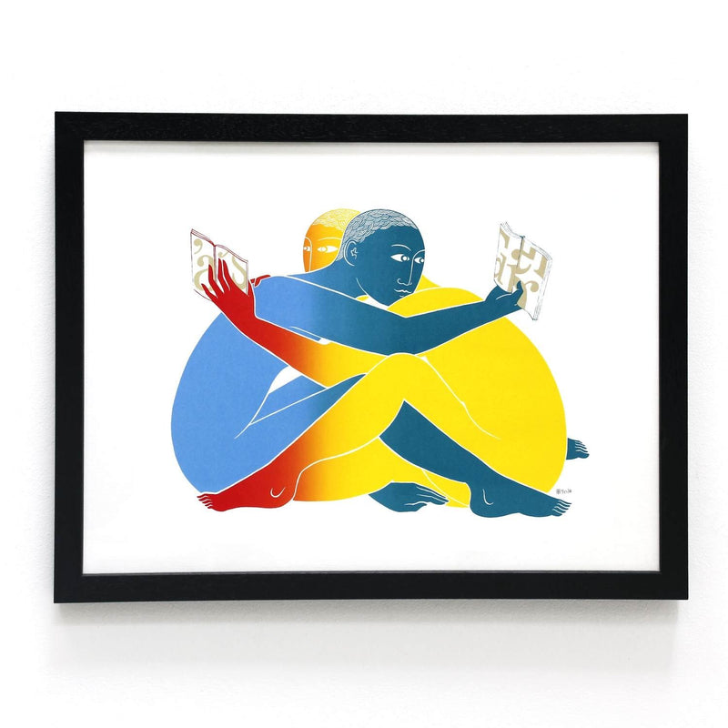 framed Tom Berry limited edition screen print coupling reading a book together signed and numbered