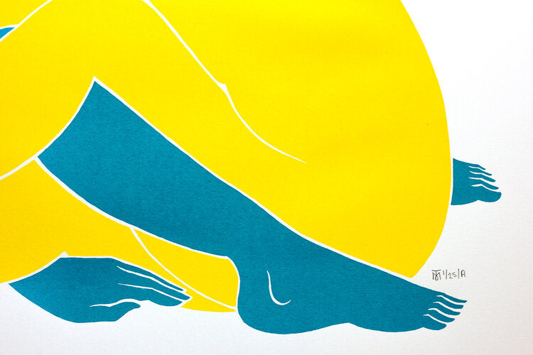 Details of legs and feet of Tom Berry limited edition screen print coupling reading a book together signed and numbered
