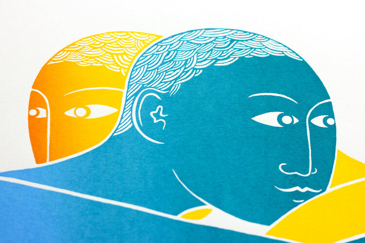 Close up of Tom Berry limited edition screen print coupling reading a book together signed and numbered
