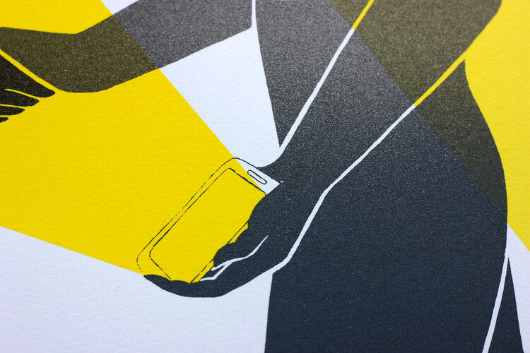 Close up of Work meeting screen print by Tom Berry limited edition of 17 