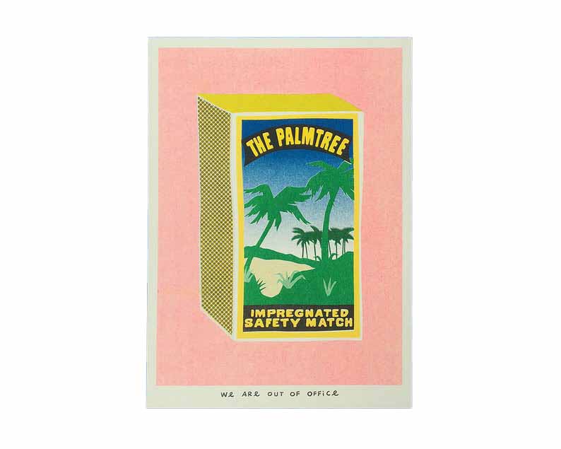 Vibrant risograph print featuring a box of Indonesian matches on a bright pink background. Designed and printed by Dutch studio We Are Out of Office