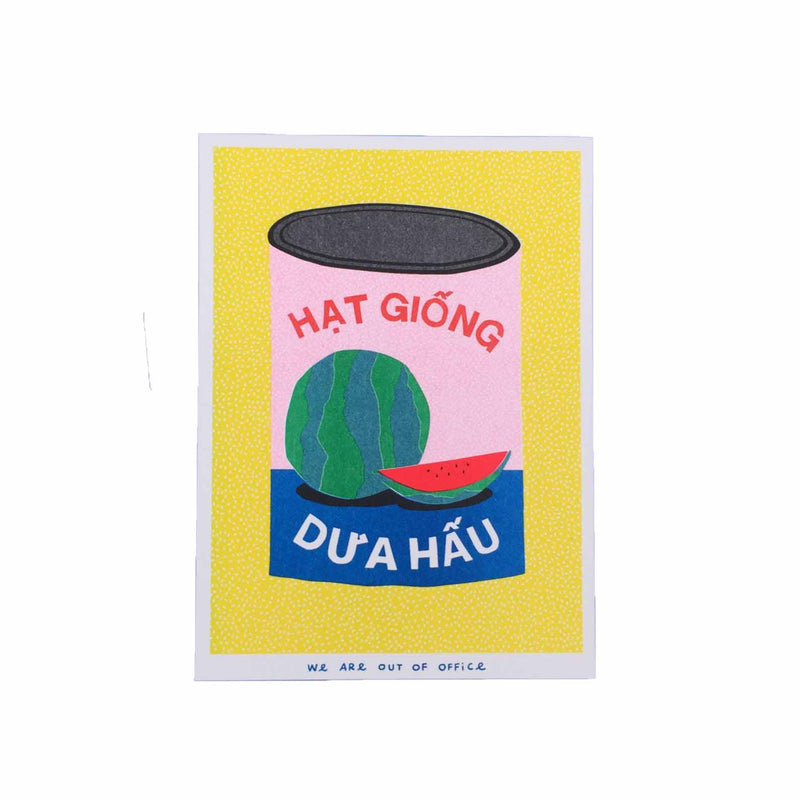 We are out of office - can of watermelon seeds - colourful risograph print