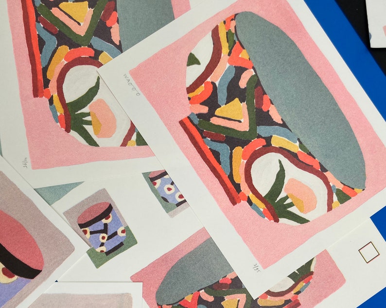colourful riso prints of a painted bowl on a pink background, made by Dutch independent We Are Out Of Office. Available at Cuemars.