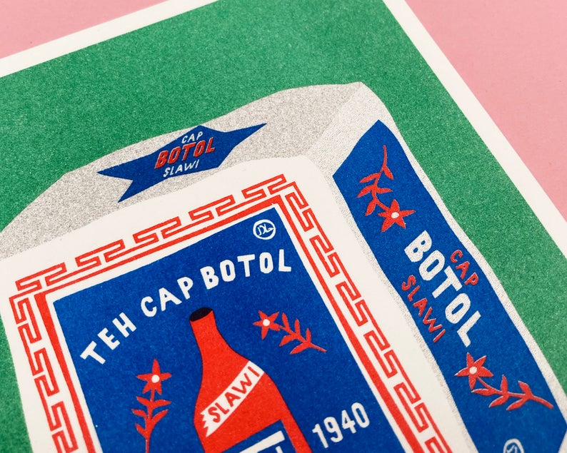 Vibrant risograph print featuring a package of Indonesian jasmine tea on a bright green background. Designed and printed by Dutch studio We Are Out of Office
