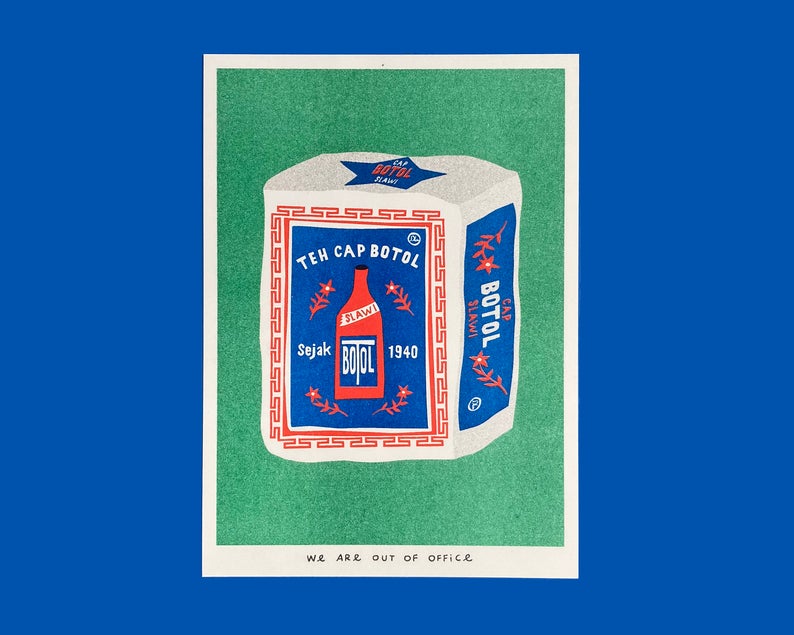 Vibrant risograph print featuring a package of Indonesian jasmine tea on a bright green background. Designed and printed by Dutch studio We Are Out of Office