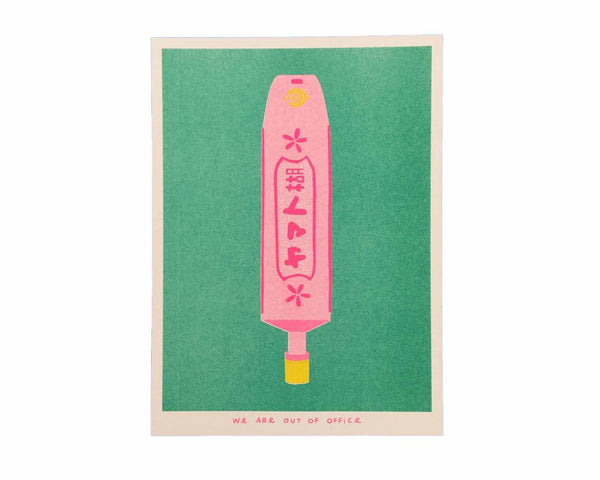 Vibrant risograph print featuring a tube of Japanese glue on a bright green background. Designed and printed by Dutch studio We Are Out of Office