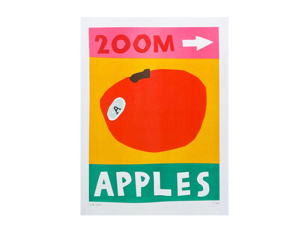 200m apples risograph print that features a red apple on a yellow, pink and green background. By We are out of office, available now at www.cuemars.com