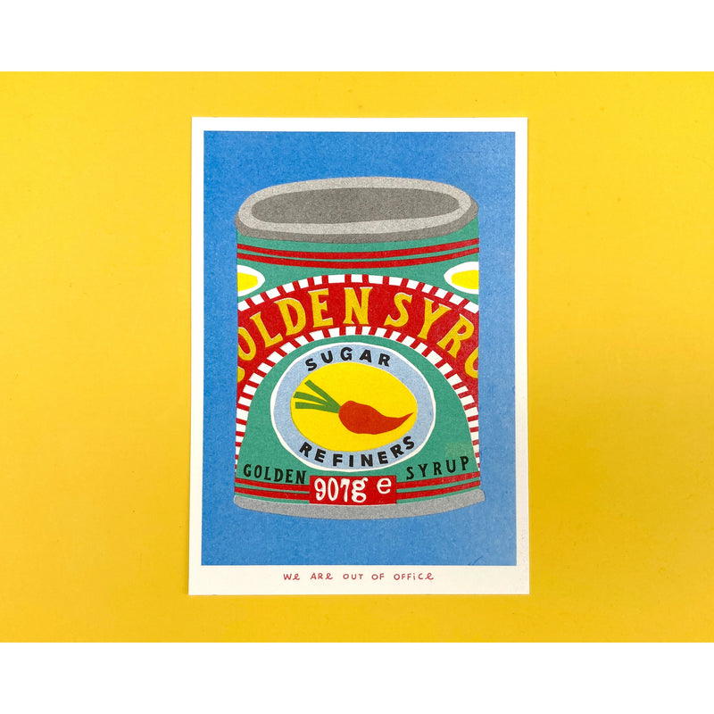 Vibrant risograph print featuring a can of Golden Syrup. Designed and printed by Dutch studio We Are Out of Office