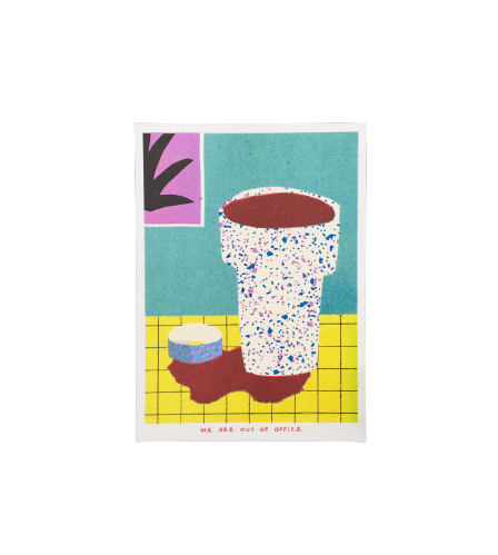 Vibrant risograph print featuring a colourful still life with coffee cups. Designed and printed by Dutch studio We Are Out of Office